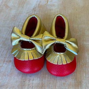 Romirus red and gold moccasin infant shoes